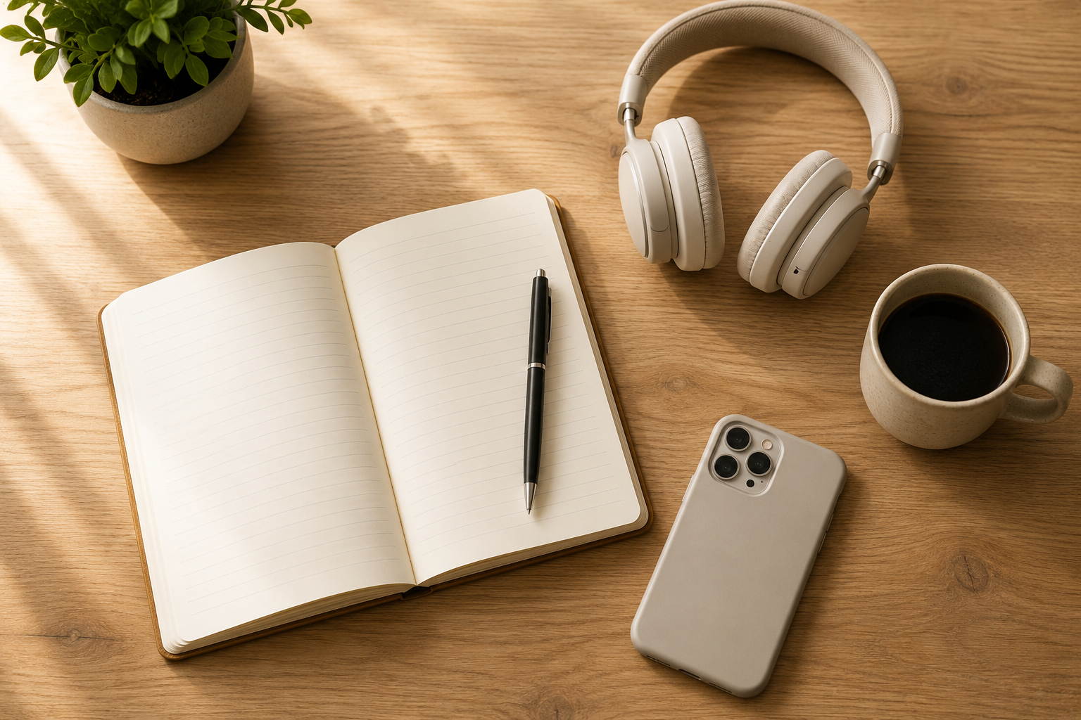Notebook, headphones, and coffee on a clean wooden desk