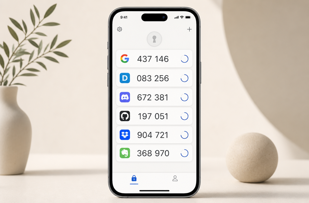 Google Authenticator main screen showing TOTP codes for multiple accounts