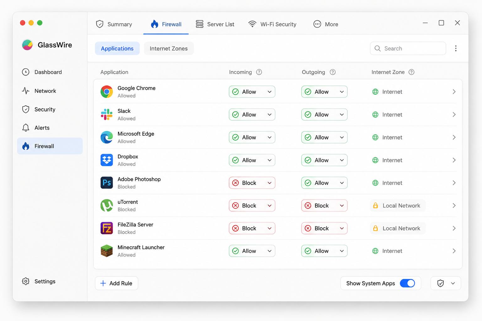 GlassWire firewall rules interface