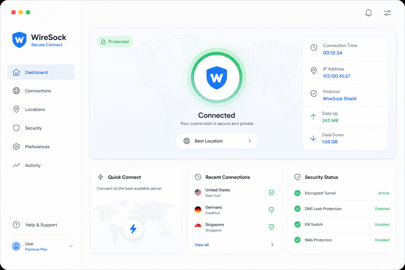 WireSock Secure Connect software interface mockup, clean UI