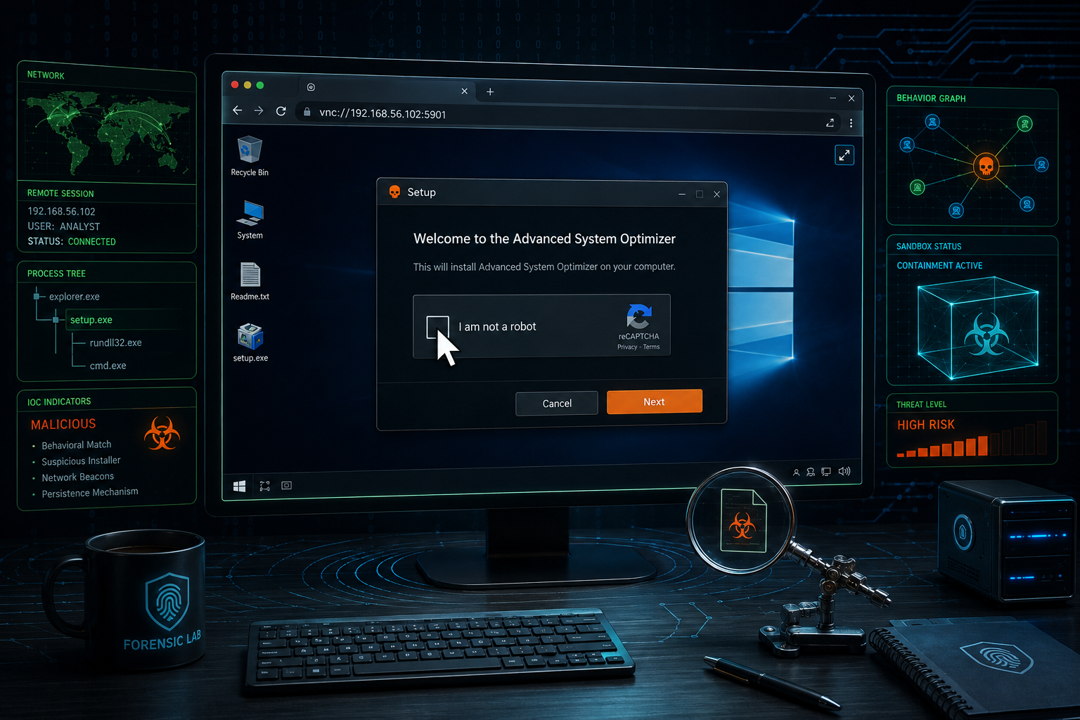 ANY.RUN interactive VNC session with mouse cursor over a malware prompt