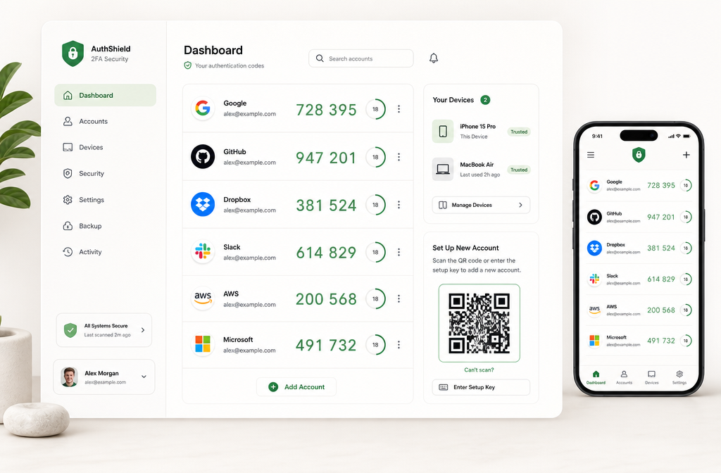 Google Authenticator software interface mockup, clean UI