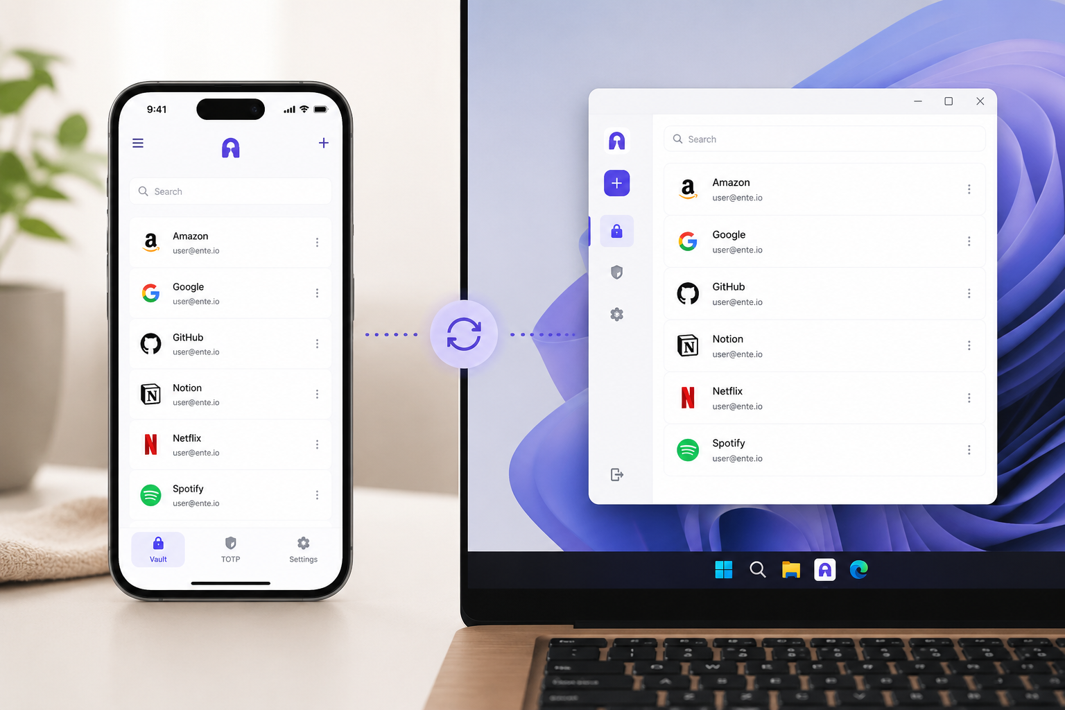Ente Auth synced across iPhone and Windows desktop