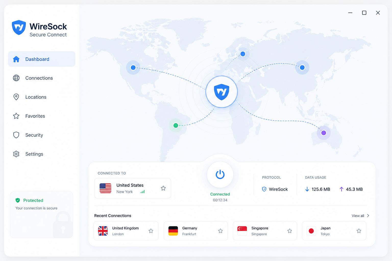 WireSock Secure Connect software interface mockup, clean UI
