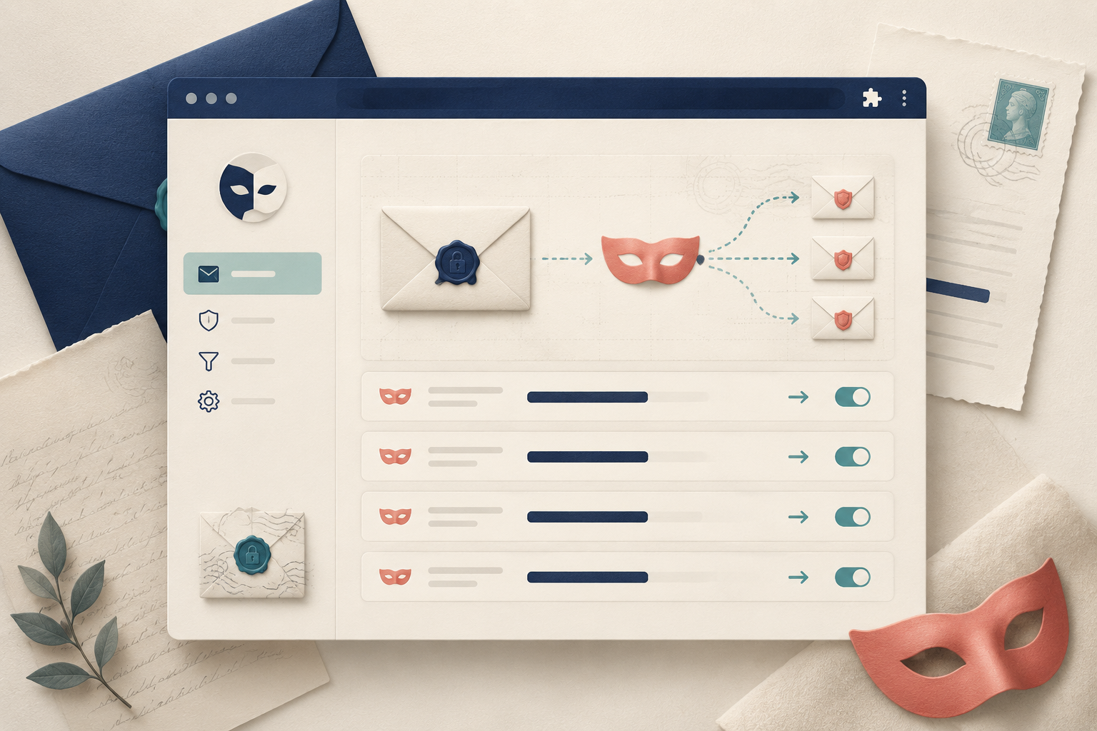 SimpleLogin browser extension software interface mockup, clean UI