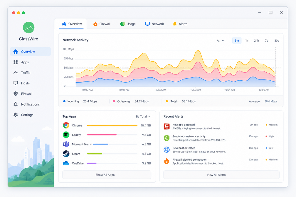 GlassWire software interface mockup, clean UI