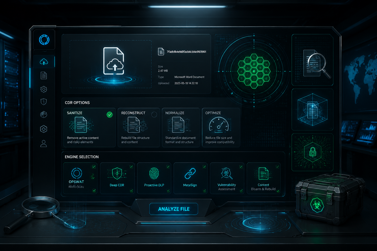 MetaDefender Cloud file upload interface with CDR processing options and multi-engine selection dropdown