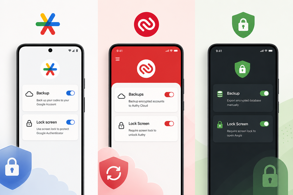 Comparison of Google Authenticator, Authy, and Aegis backup and security features