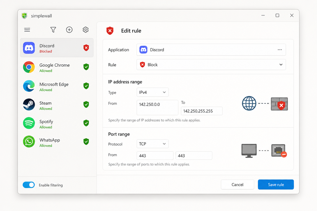 Simplewall rule editor interface