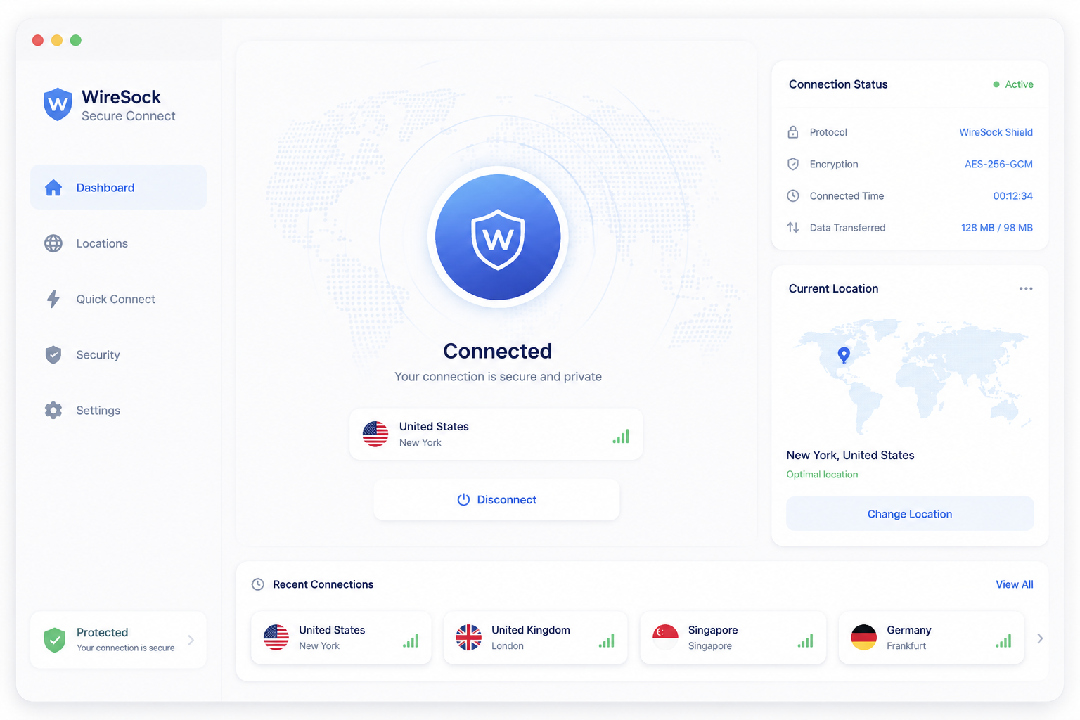 WireSock Secure Connect software interface mockup, clean UI