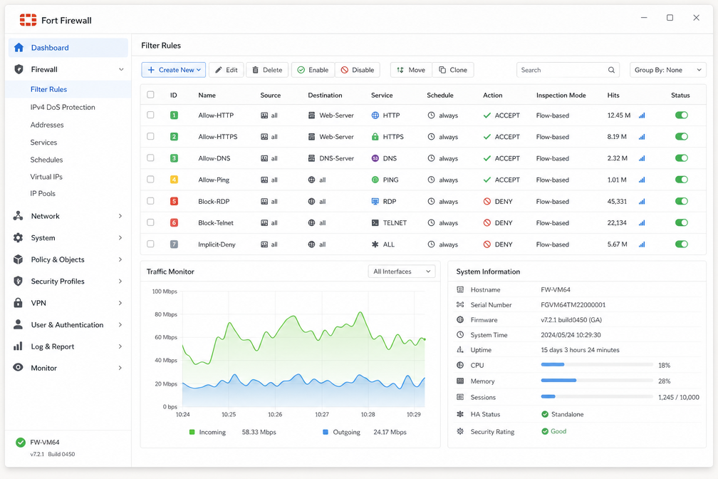Fort Firewall main interface with filter rules and bandwidth graph