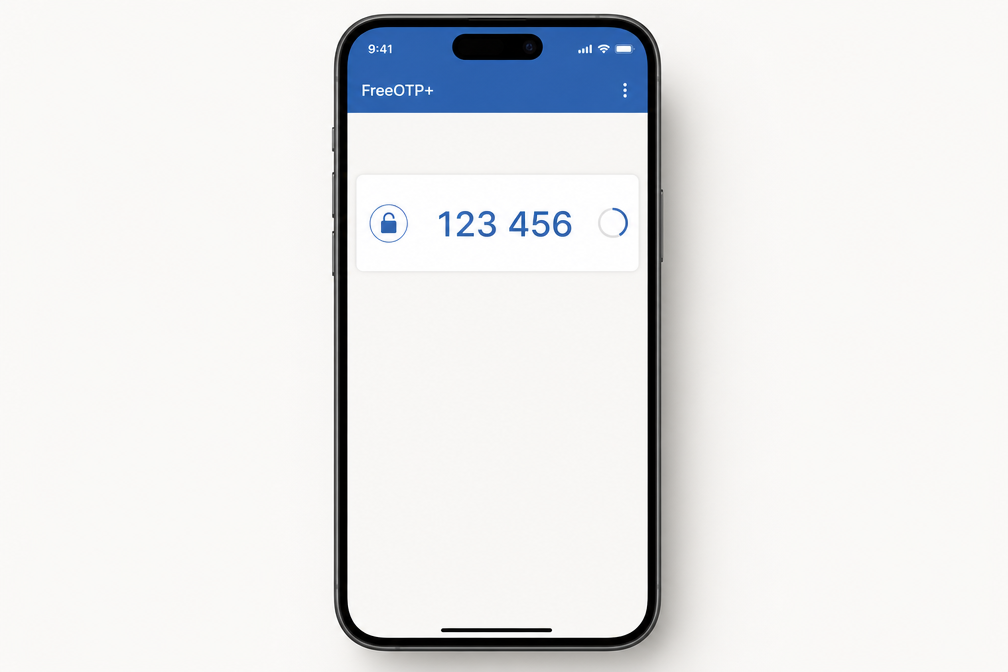 FreeOTP+ main screen with one-time code displayed
