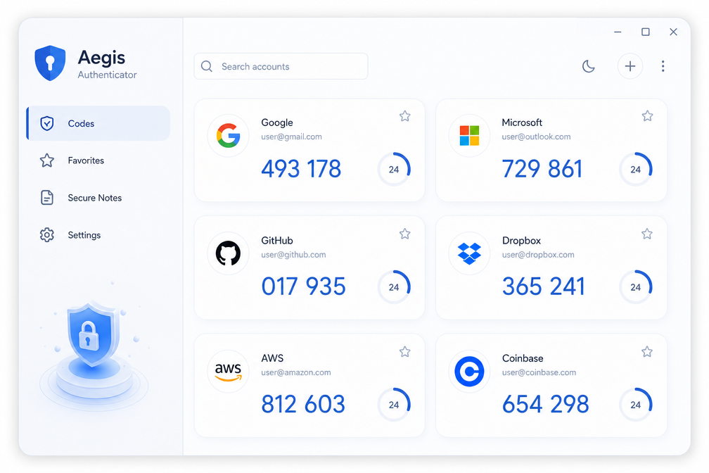 Aegis Authenticator software interface mockup, clean UI