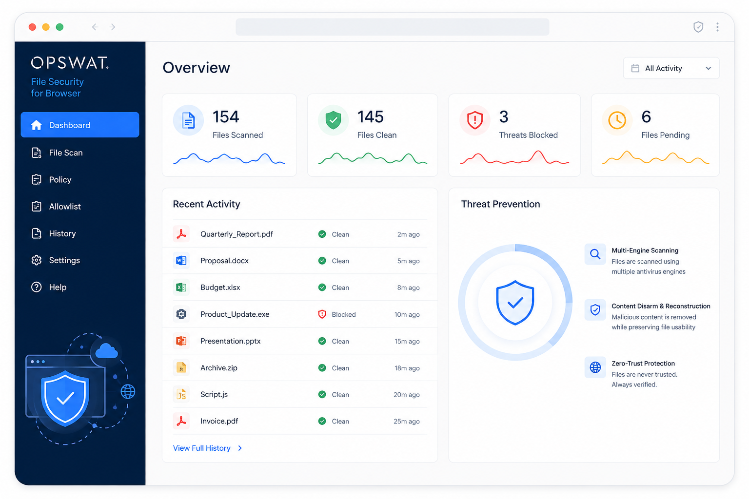 OPSWAT File Security for Browser software interface mockup, clean UI