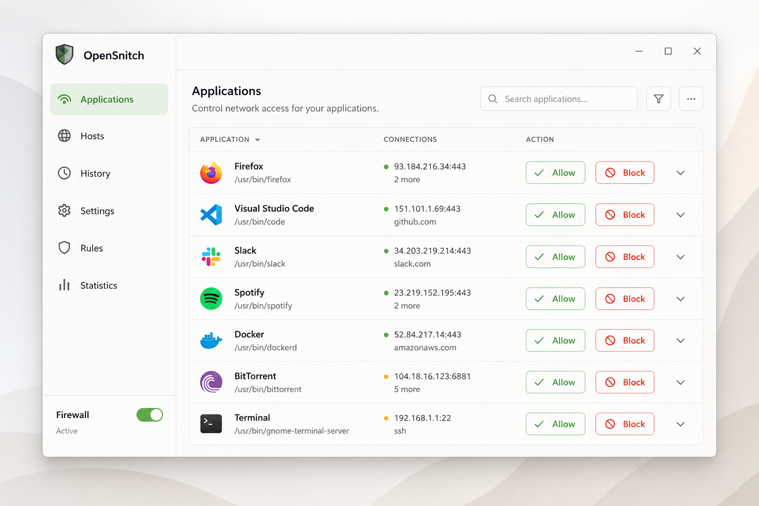OpenSnitch Linux firewall interface listing applications and their network connections