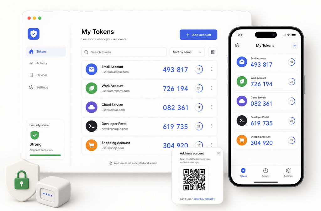 2FAS Authenticator software interface mockup, clean UI