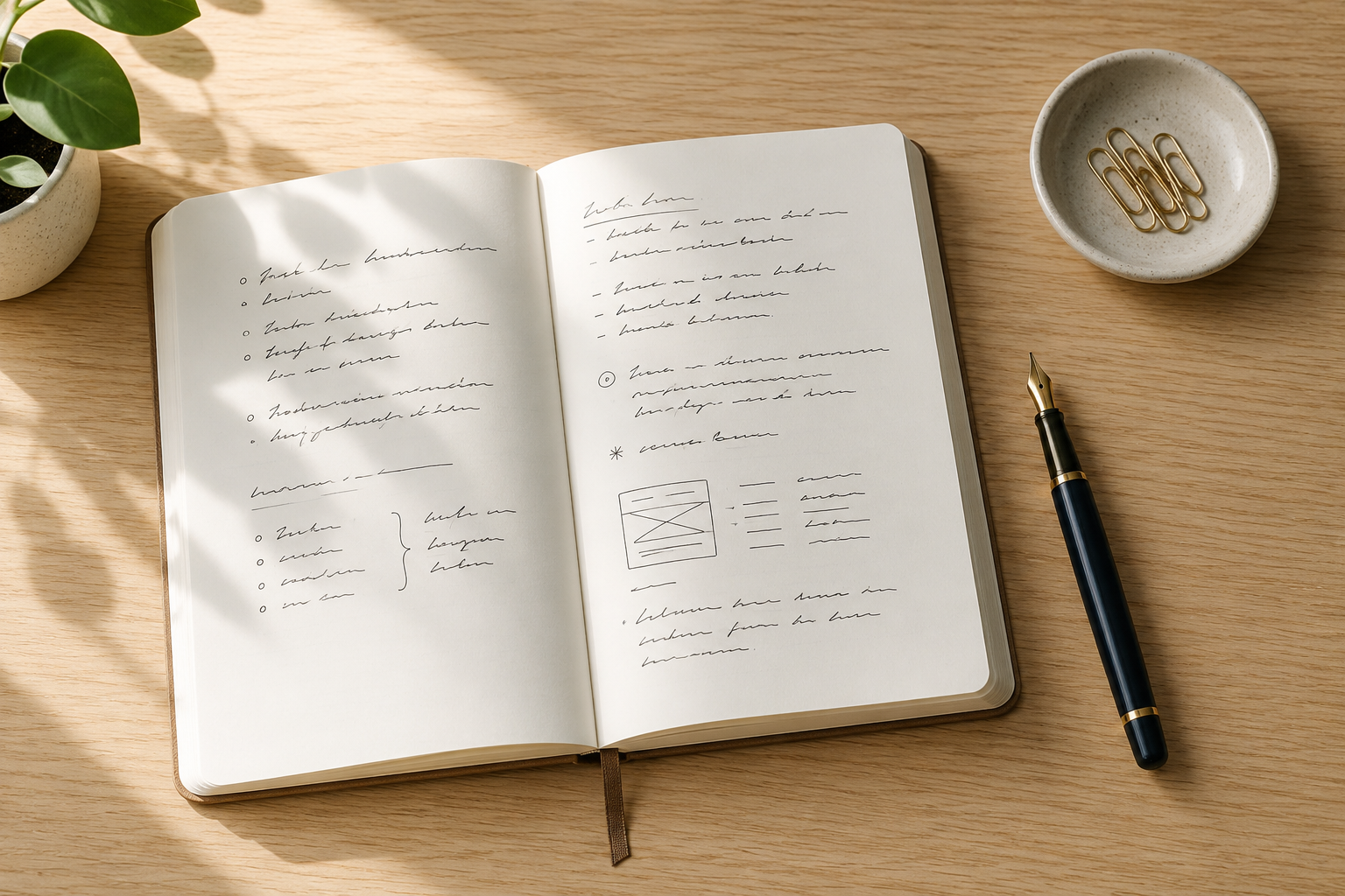 Open notebook with editorial guidelines and a fountain pen on a wooden desk