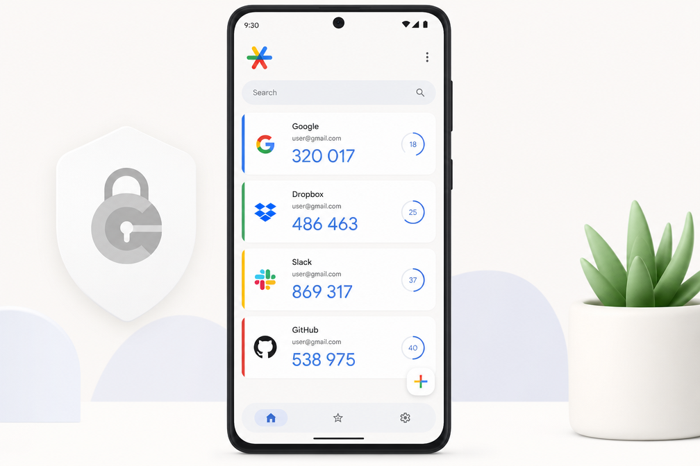 Google Authenticator software interface mockup, clean UI