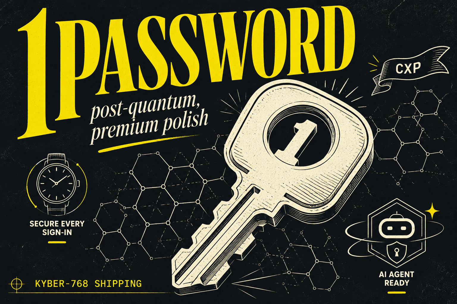 1Password titanium key with post-quantum cryptography lattice illustration