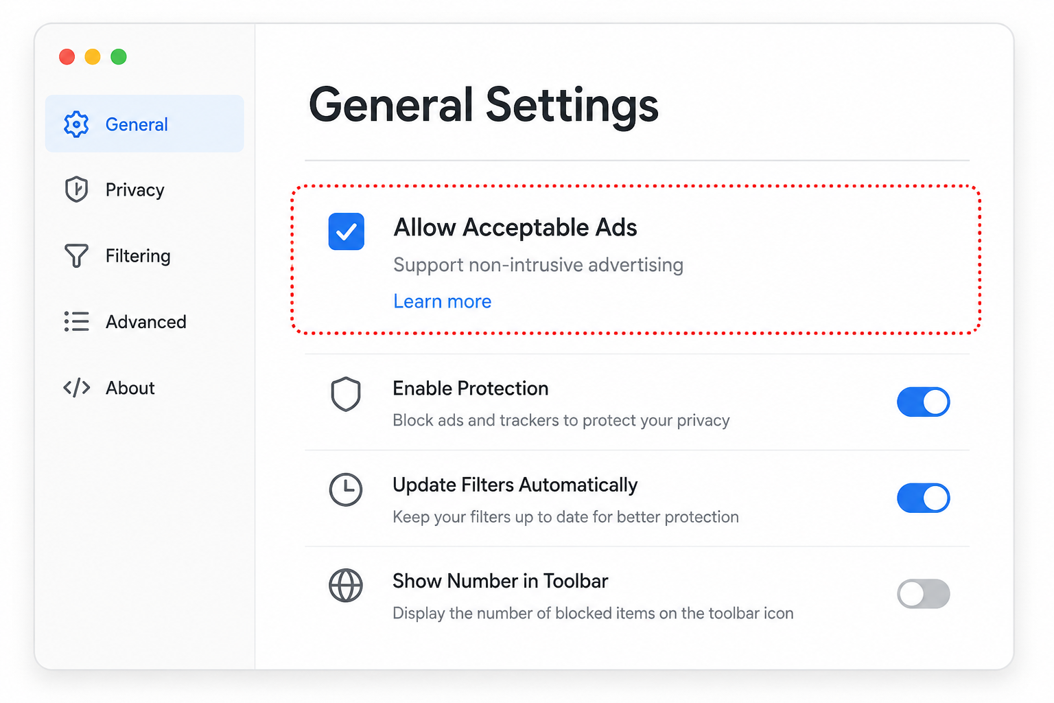 Adblock Plus settings showing Acceptable Ads enabled by default