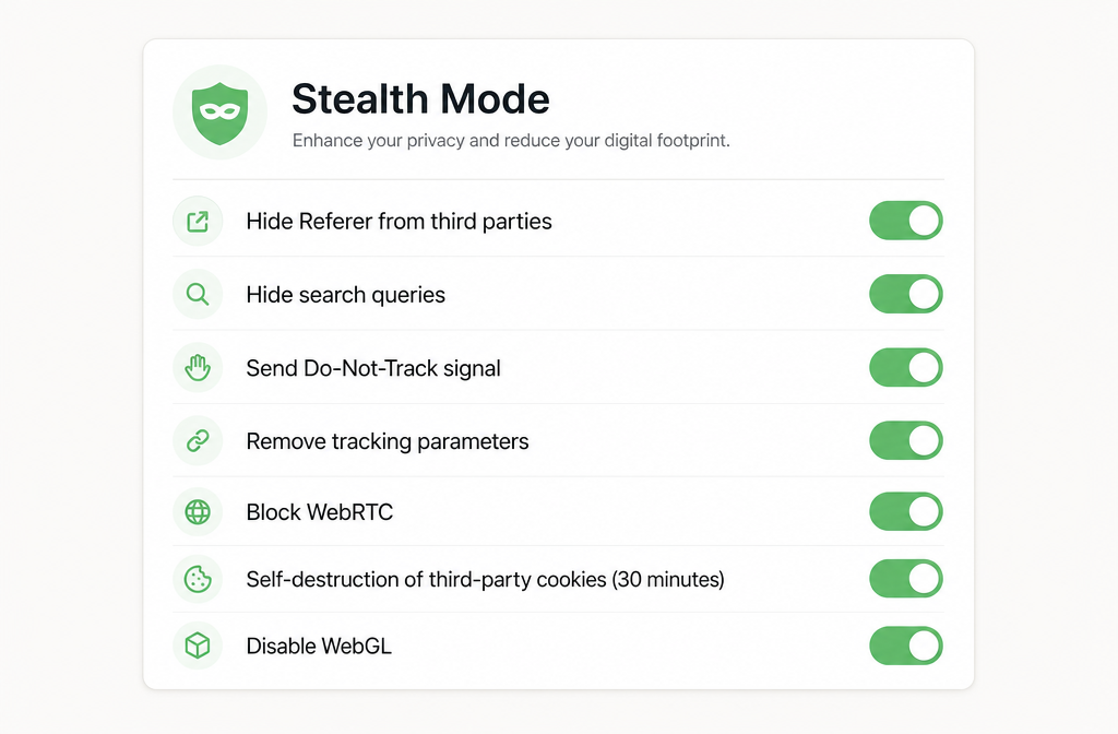 AdGuard Stealth Mode panel showing privacy toggles for tracking protection