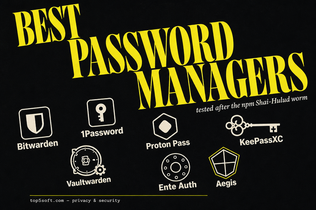 Best password managers and 2FA apps 2026 - vault and passkey illustration