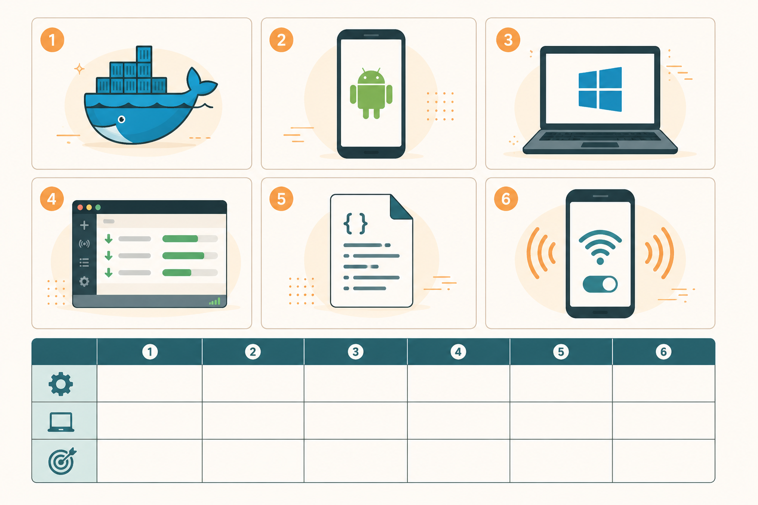Six self-hosted VPN tools comparison grid with type, platform, and best-for columns