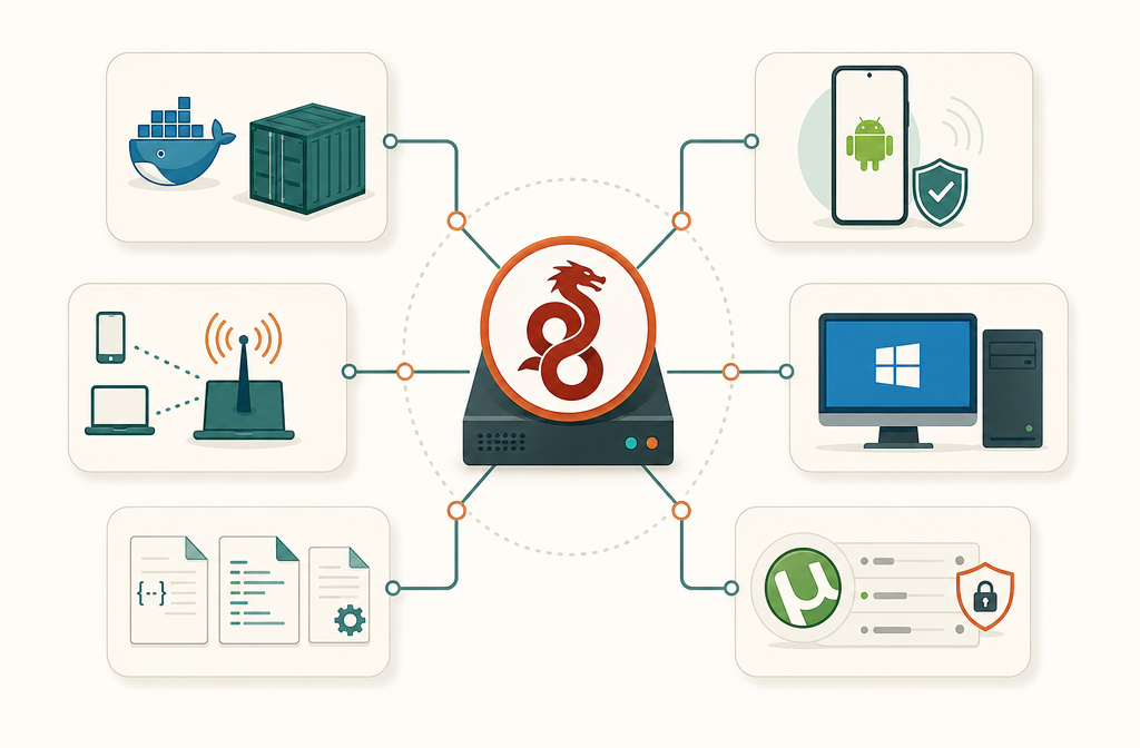 Self-hosted VPN tool ecosystem, six tools mapped to where they sit in a typical stack