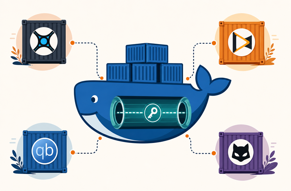 Gluetun Docker VPN gateway with Sonarr, Radarr, qBittorrent, Prowlarr containers