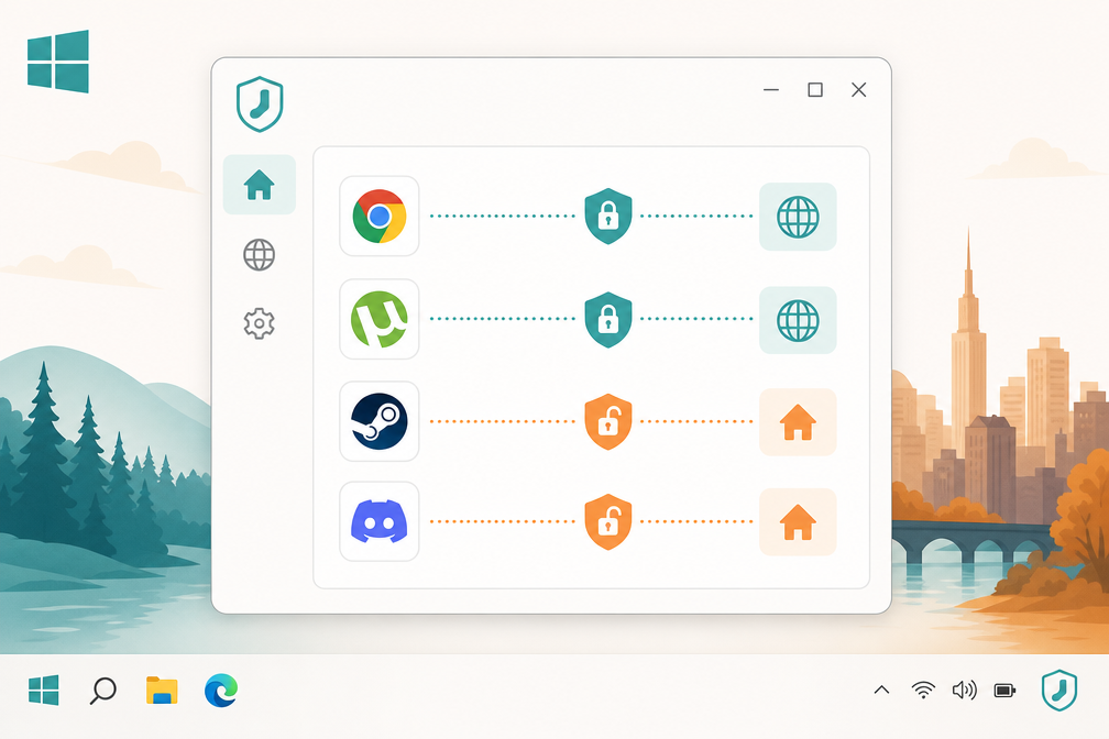 WireSock Windows per-app split tunneling, Chrome tunneled and Steam local