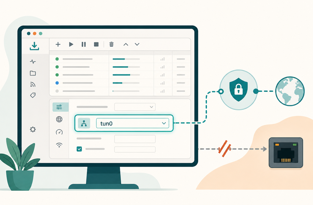 Torrent client bound to VPN tun0 interface, physical ethernet traffic dropped
