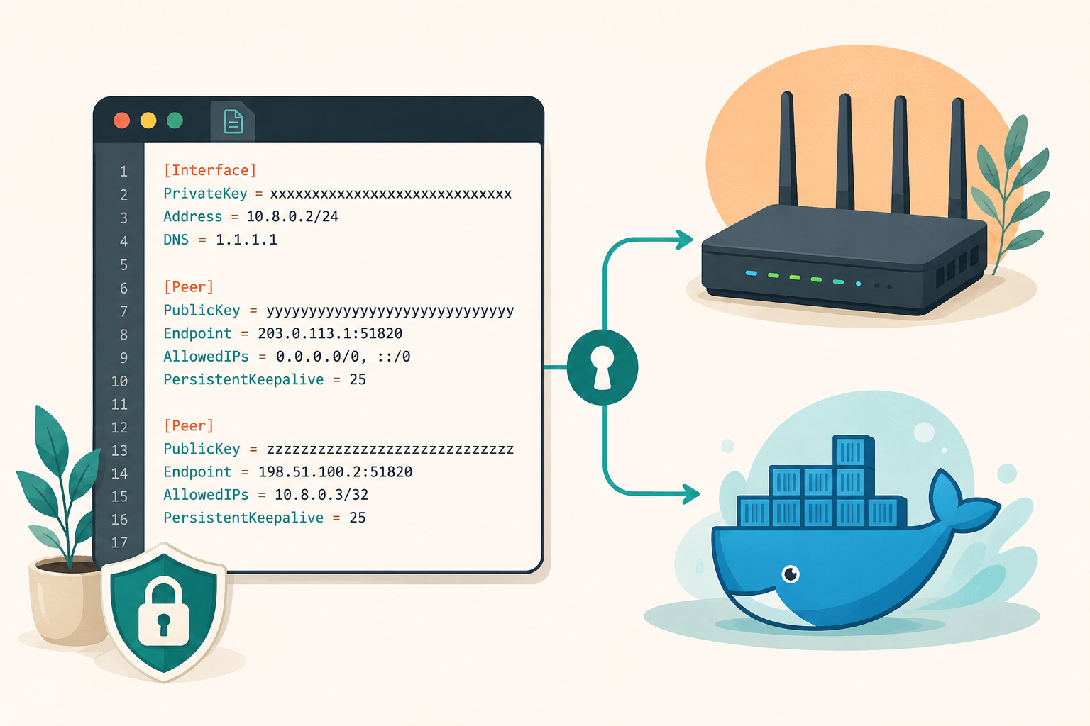 Raw WireGuard config file imported into OpenWrt router and Docker container