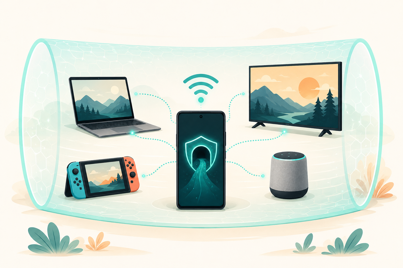 VPN Hotspot Android sharing one VPN tunnel to laptop, smart TV, Switch, and IoT devices