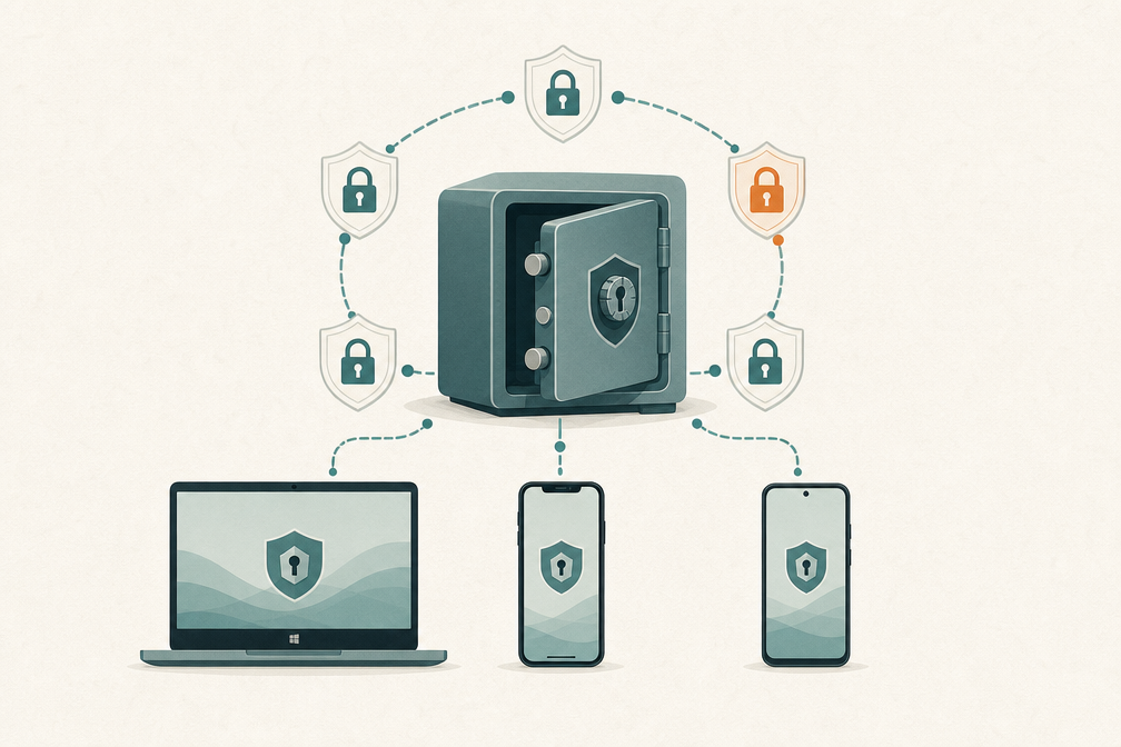 Bitwarden 2026 password manager vault syncing across Windows laptop, iPhone, and Android phone editorial illustration