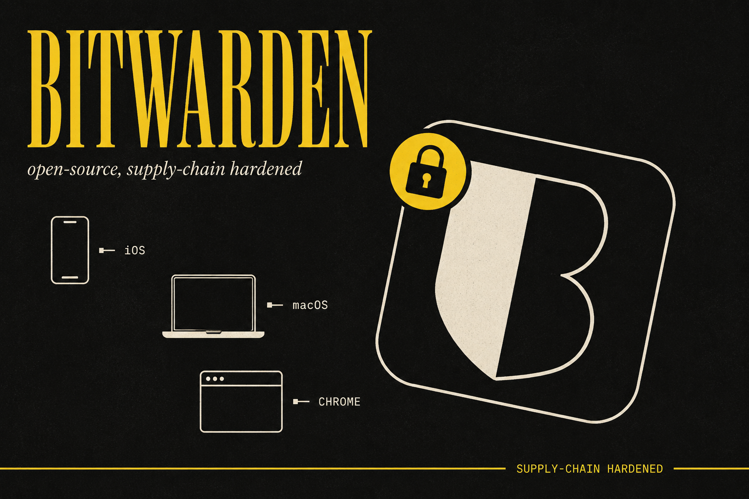 Bitwarden shield with multiple devices, supply-chain hardened illustration