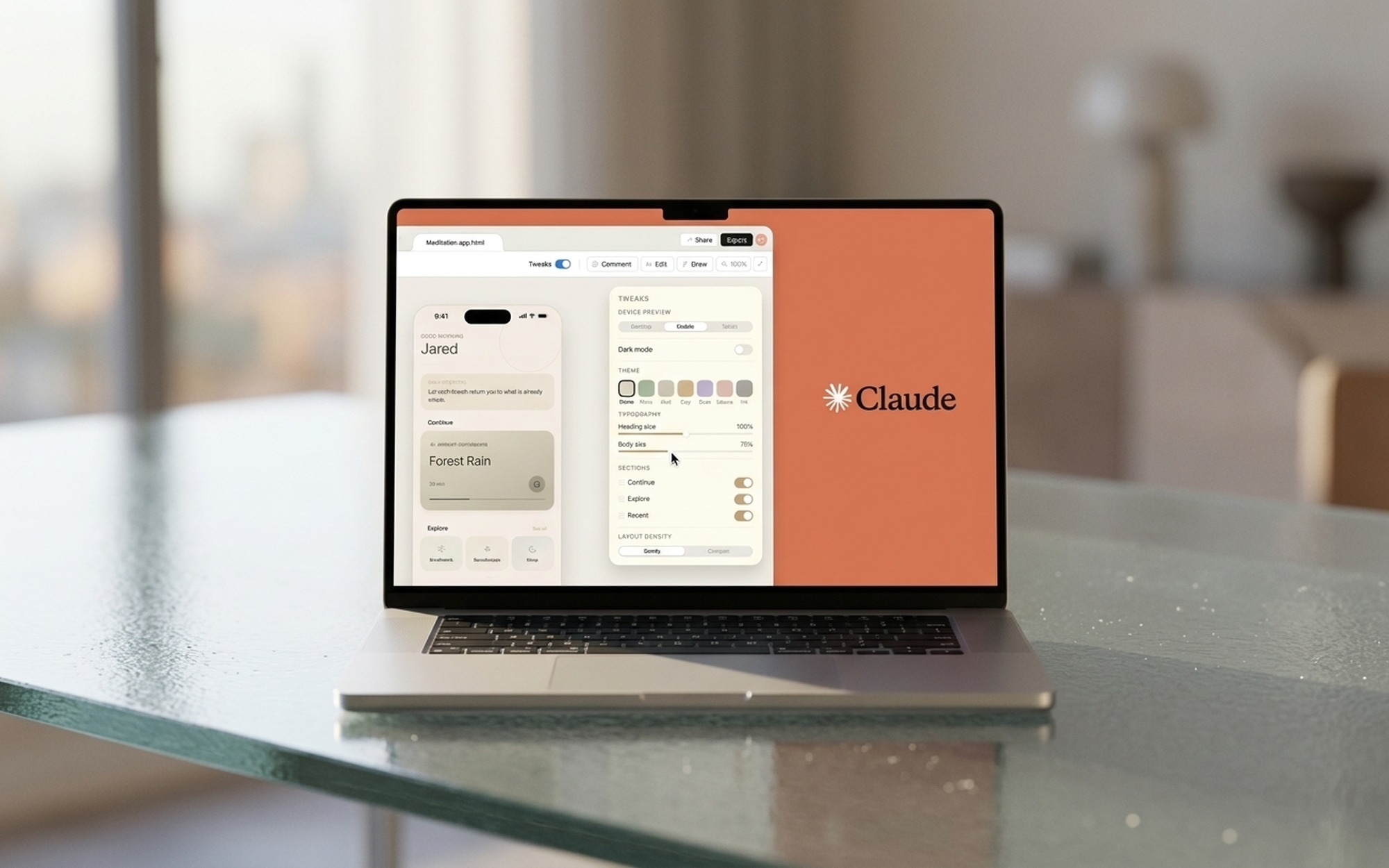 Claude Design interface showing AI prompt on left generating interactive prototype on right with export toolbar in browser 2026