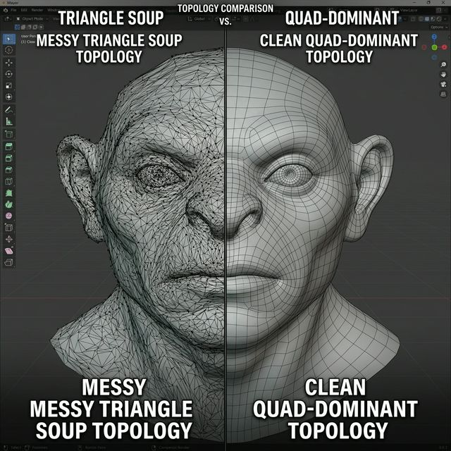 Comparison between messy triangle soup topology and clean quad-dominant topology in a 3D modeling viewport.