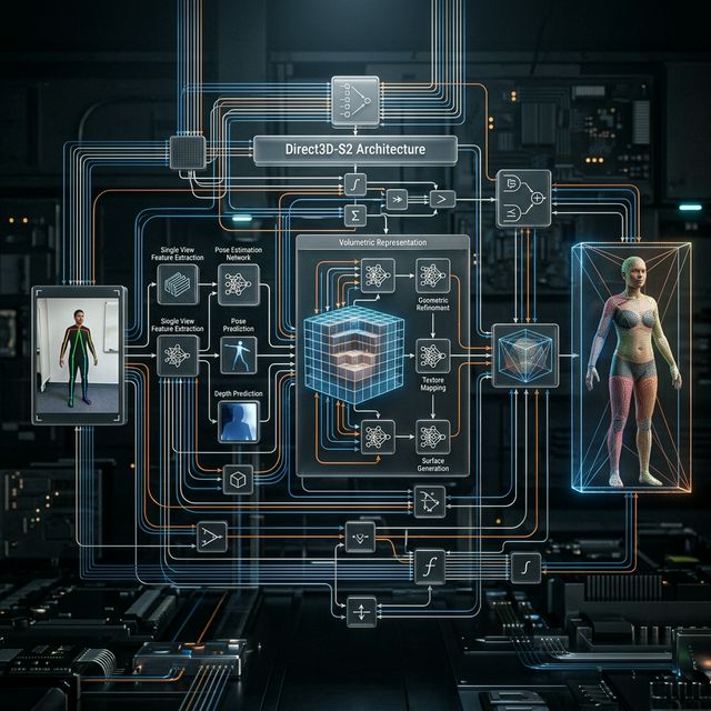 Technical schematic of the Direct3D-S2 architecture showing the volumetric reconstruction process from a single 2D photo.
