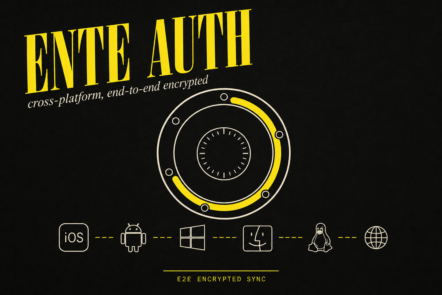 Ente Auth TOTP code dial with cross-platform E2E sync illustration