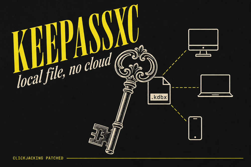 KeePassXC brass key with KDBX file and Syncthing local-sync illustration