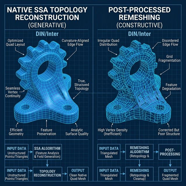 Diagram showing Native SSA Topology reconstruction vs Post-processed Remeshing artifacts.