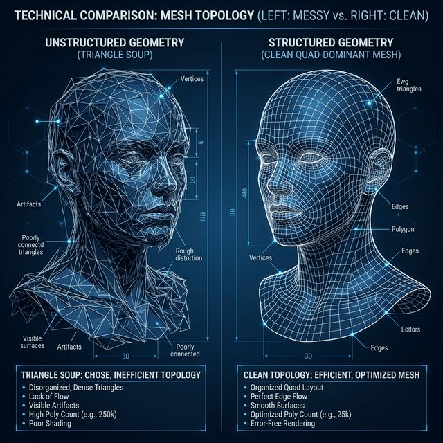 Side-by-side comparison of a stylized character model from both tools, highlighting the difference in structural integrity.