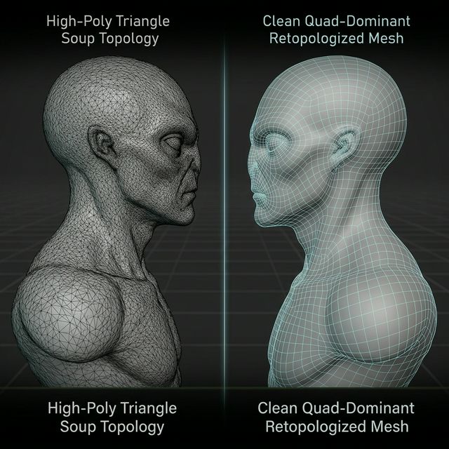 Wireframe comparison showing the clean edge flow of Neural4D versus the chaotic triangulation of standard AI outputs.