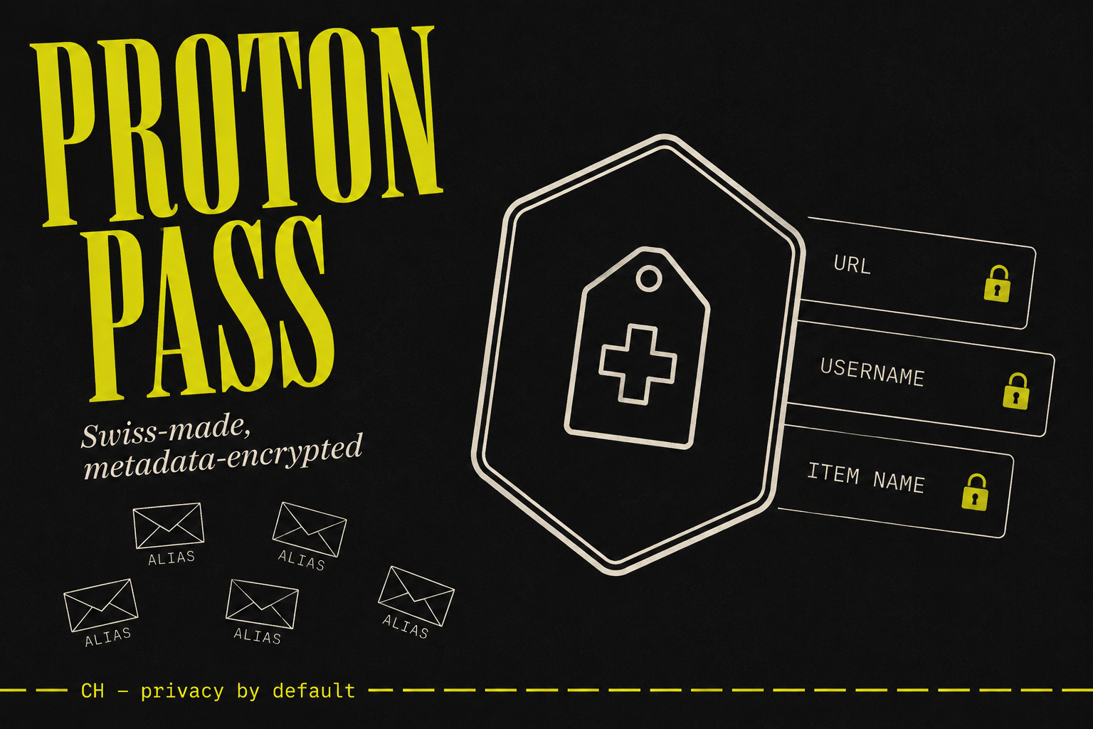 Proton Pass Swiss seal with metadata-encryption layers and SimpleLogin aliases