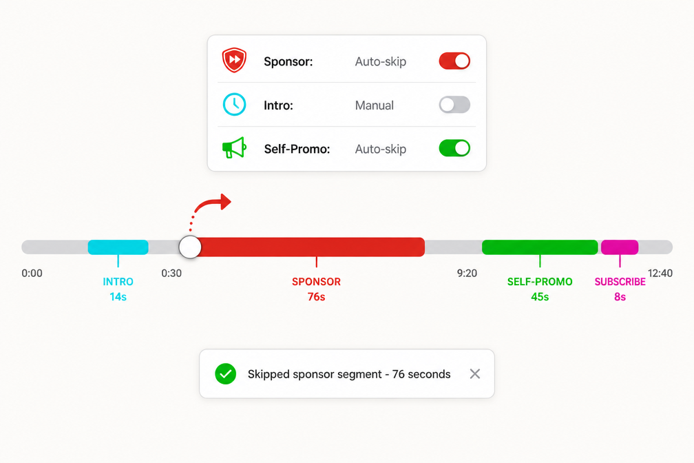 SponsorBlock colored segment bars on a YouTube video progress bar: sponsor in orange, intro in cyan, self-promo in green